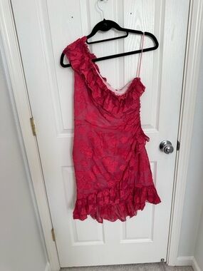 Ulla Johnson One-Shoulder Ruffled Floral Mini Dress in Fuchsia